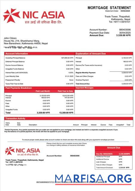 Blank Nepal NIC Asia Bank mortgage statement Word and PDF template